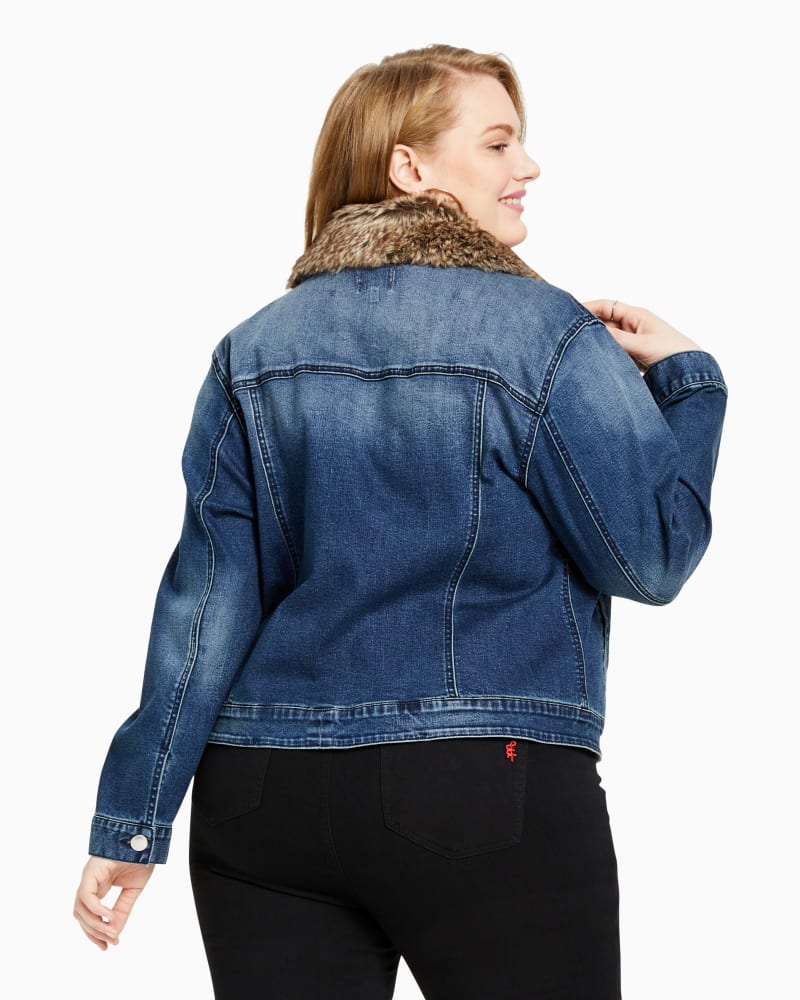 Plus size denim top jacket with fur collar